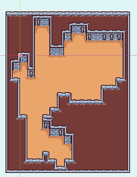 A dungeon with torches