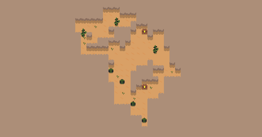 Natural-looking cave-like system similar to Nuclear Throne, with chests, cacti and grass