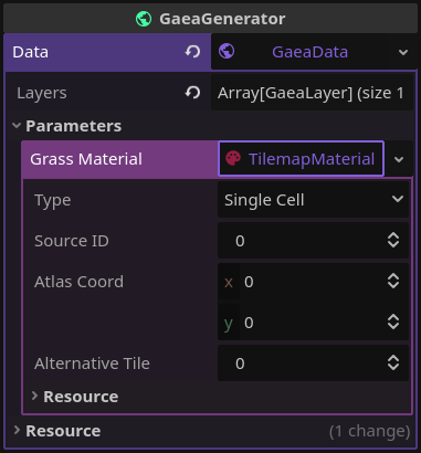 The inspector with the GaeaGraph resource and the GrassMaterial parameter opened