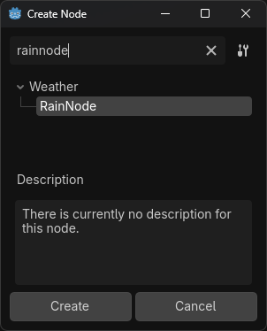 The Create Node popup, with the tree structure Weather/RainNode